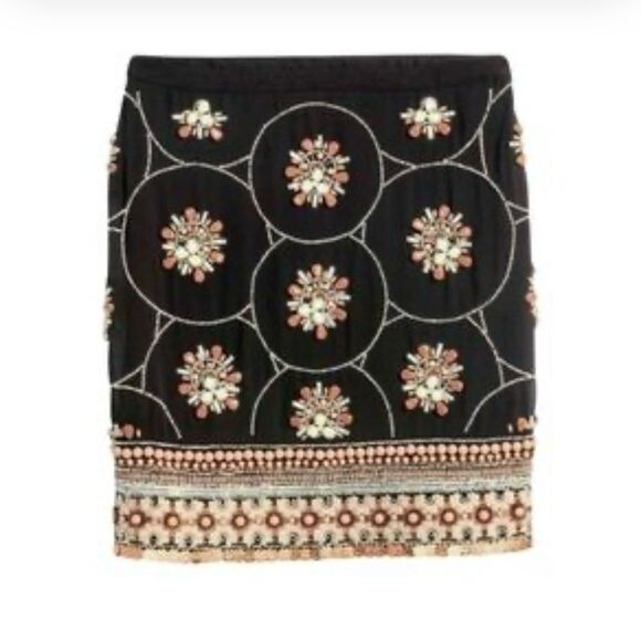 H&M Black Tan Cream Embroidered Beaded Jewel Embellished Tribal Mini Skirt NEW - Picture 2 of 15